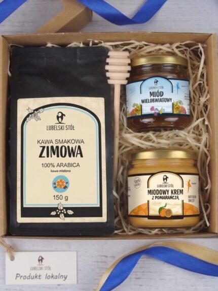 Wnętrze Zestawu Prezentowego "Kawa Zimowa z Miodami" - kawa i miody | Lubelski Stół