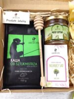 Wnętrze opakowania Zestawu Prezentowego "Kawa czy Herbata" - kawa, herbata, miód | Lubelski Stół