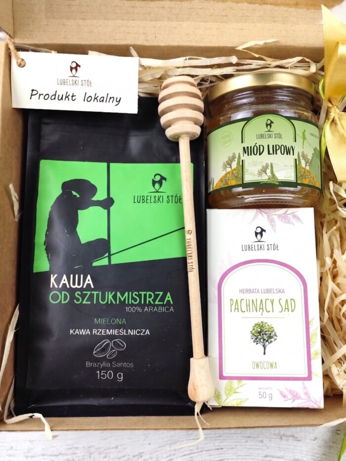 Wnętrze opakowania Zestawu Prezentowego "Kawa czy Herbata" - kawa, herbata, miód | Lubelski Stół